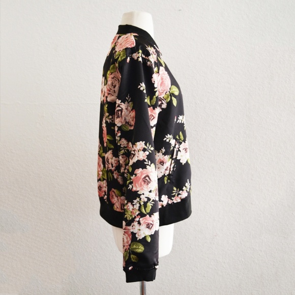 Black Rose Floral Satin Bomber Jacket - Picture 7 of 7